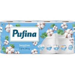 Toaletní papír PUFINA Sensitive Aquabond 3vrstvý 100 % celulóza 8 ks. (1306008)
