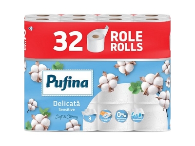 Toaletní papír PUFINA Sensitive Aquabond 3vrstvý 100 % celulóza 32 ks.(1306032)