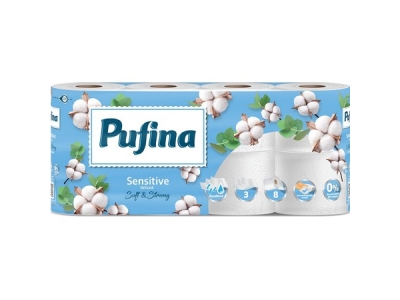 Toaletní papír PUFINA Sensitive Aquabond 3vrstvý 100 % celulóza 8 ks. (1306008)