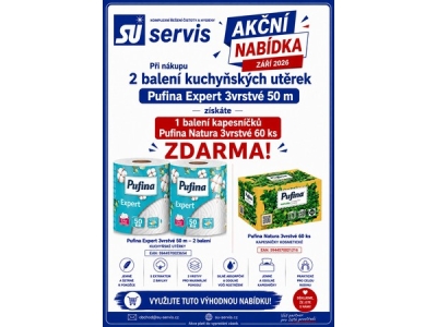 KUCHYŇSKÉ UTĚRKY Pufina  Expert 3vrstvé 2 x 50 m + KAPESNÍČKY kosmetické Pufina Natura 60 ks 3vrstvé 100 % celulóza ZDARMA